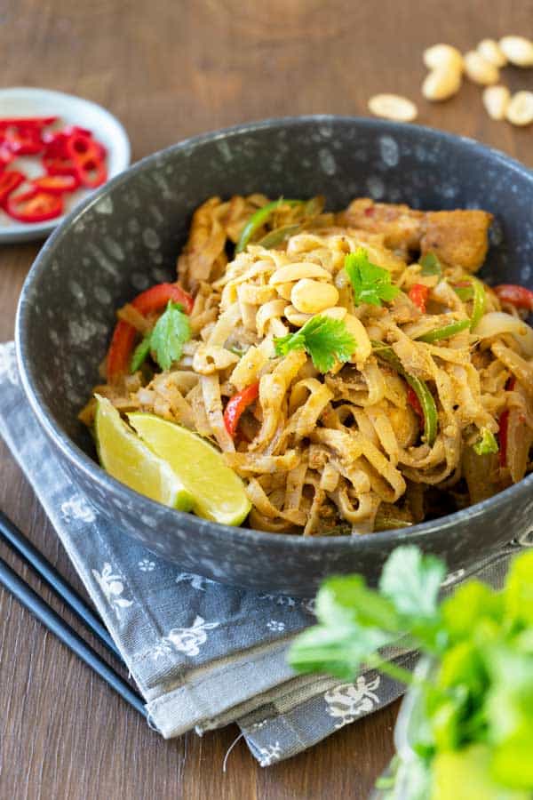 Stir Fry Noodles with Peanut Sauce in a bowl