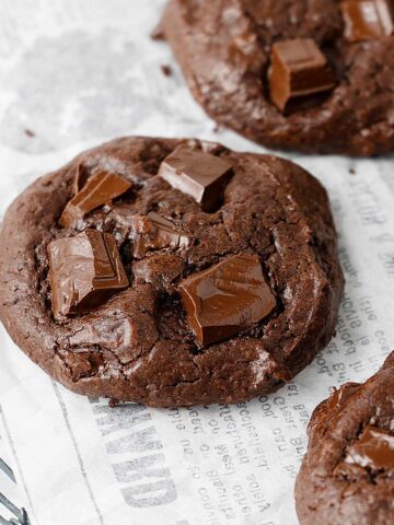 Double Chocolate Fudge Cookies on a cooling rack