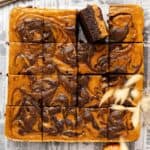Overhead view pumpkin cheesecake brownies.