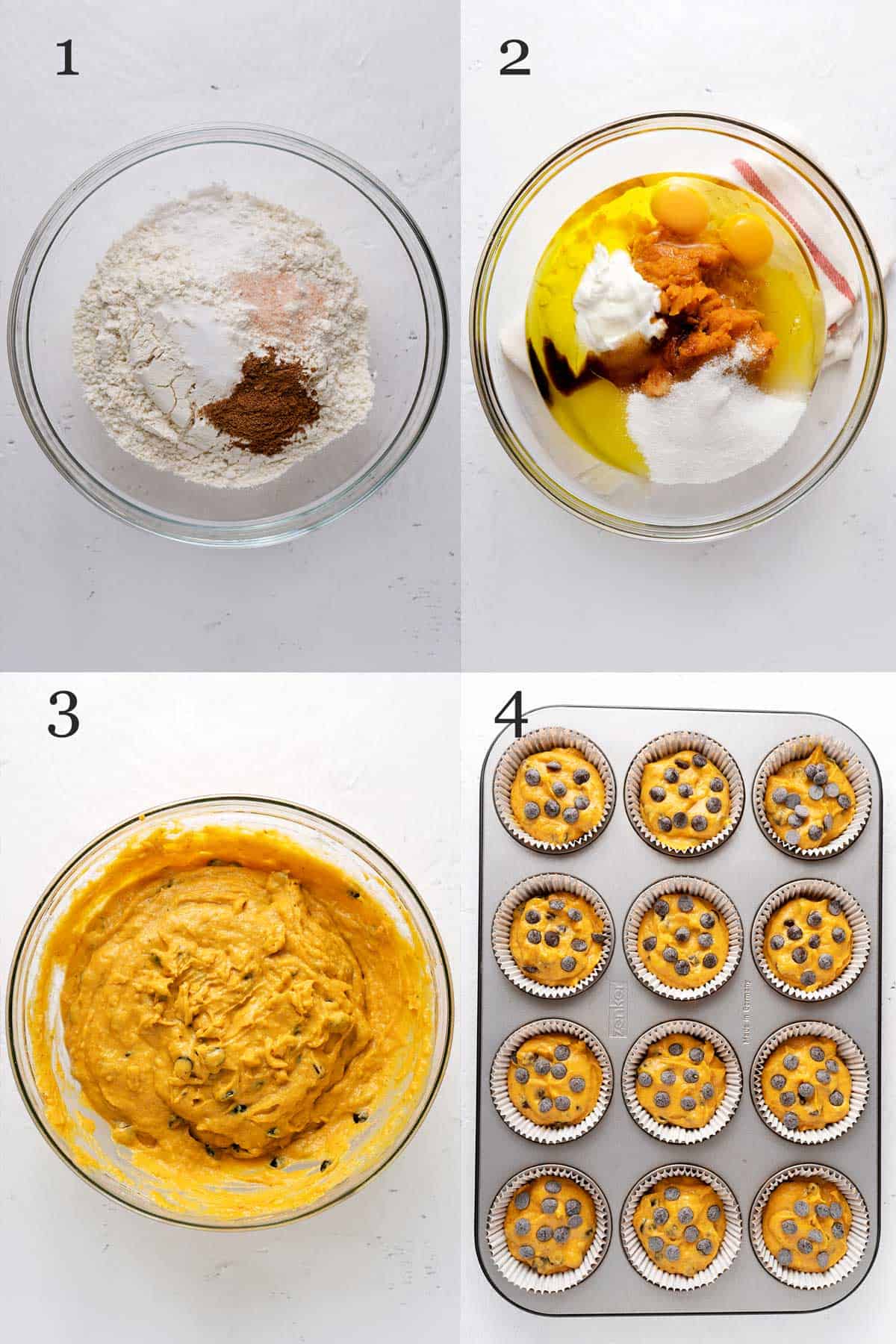 photo collage for the process of making pumpkin muffins.