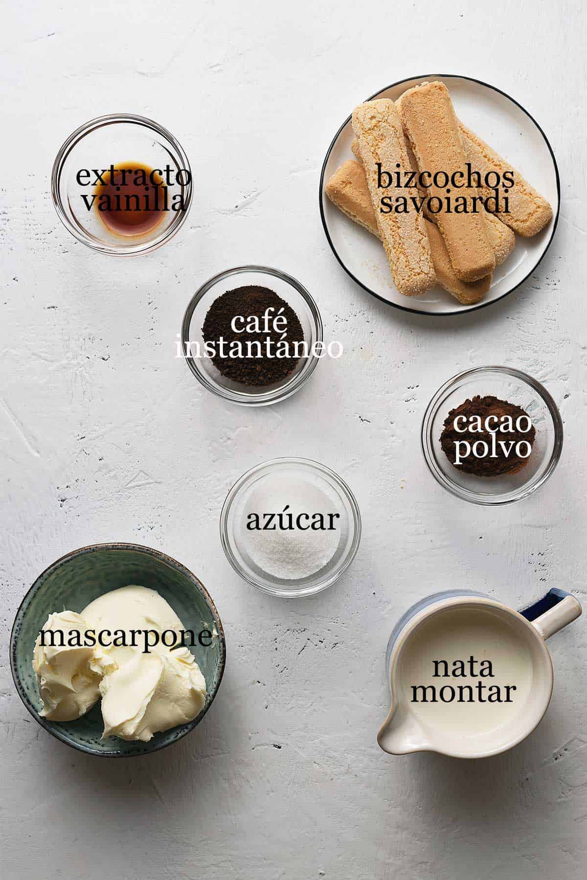 ingredientes para tiramisu sin huevo.