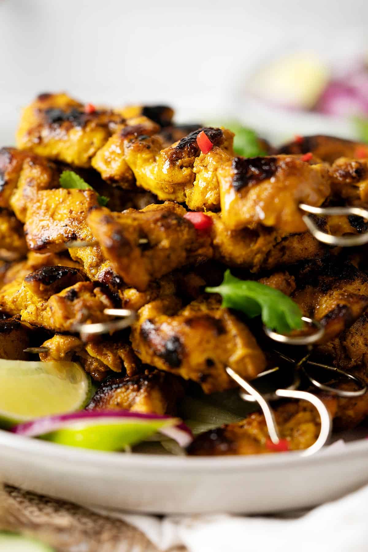 Close up of easy chicken satay on a plate